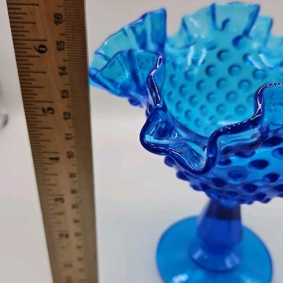 FENTON Ruffled Hobnail Footed Blue Glass Dish. Original Sticker. 6"H X 5"D - Picture 9 of 11